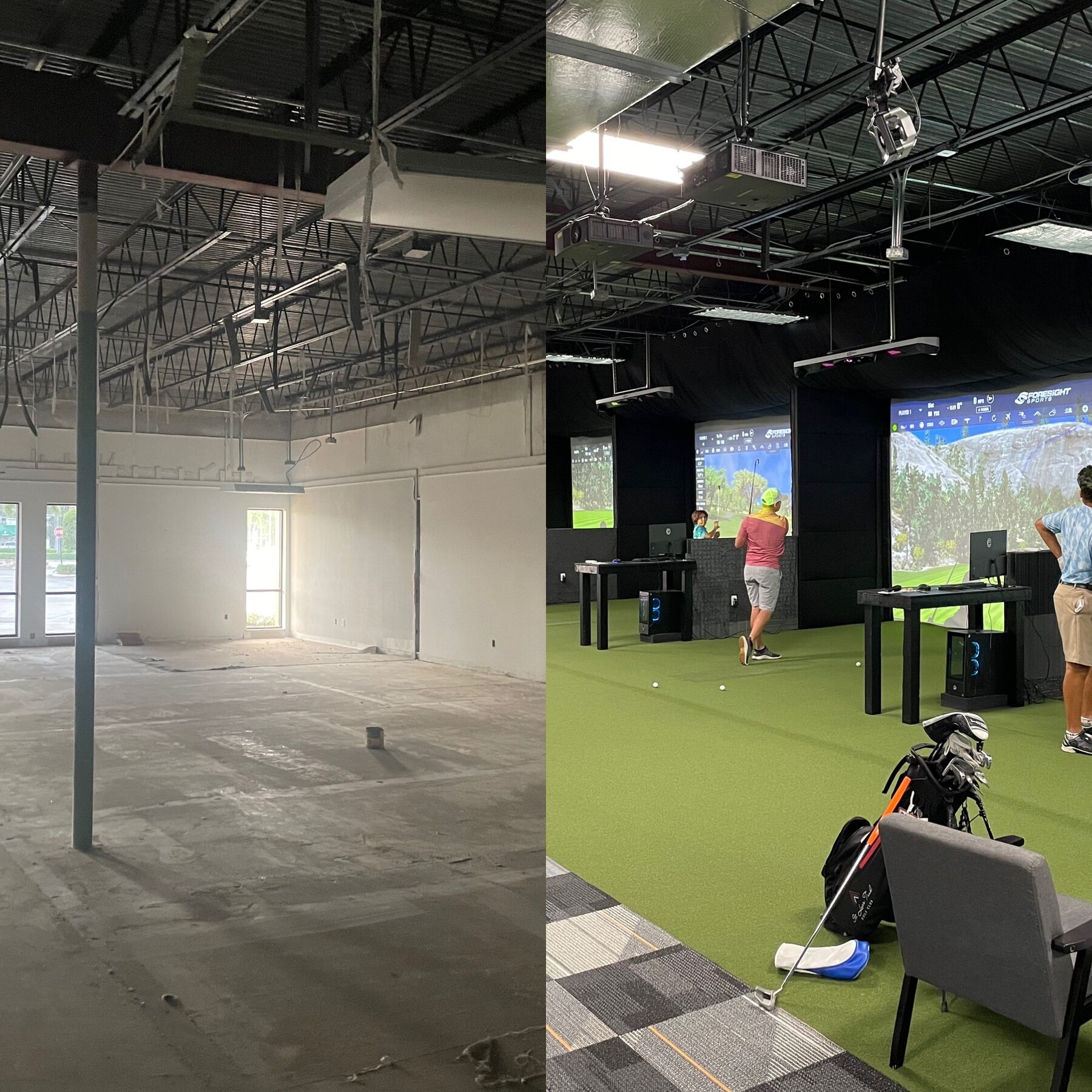 The 247 Indoor Golf space as a bare concrete shell beside the finished simulator bays.