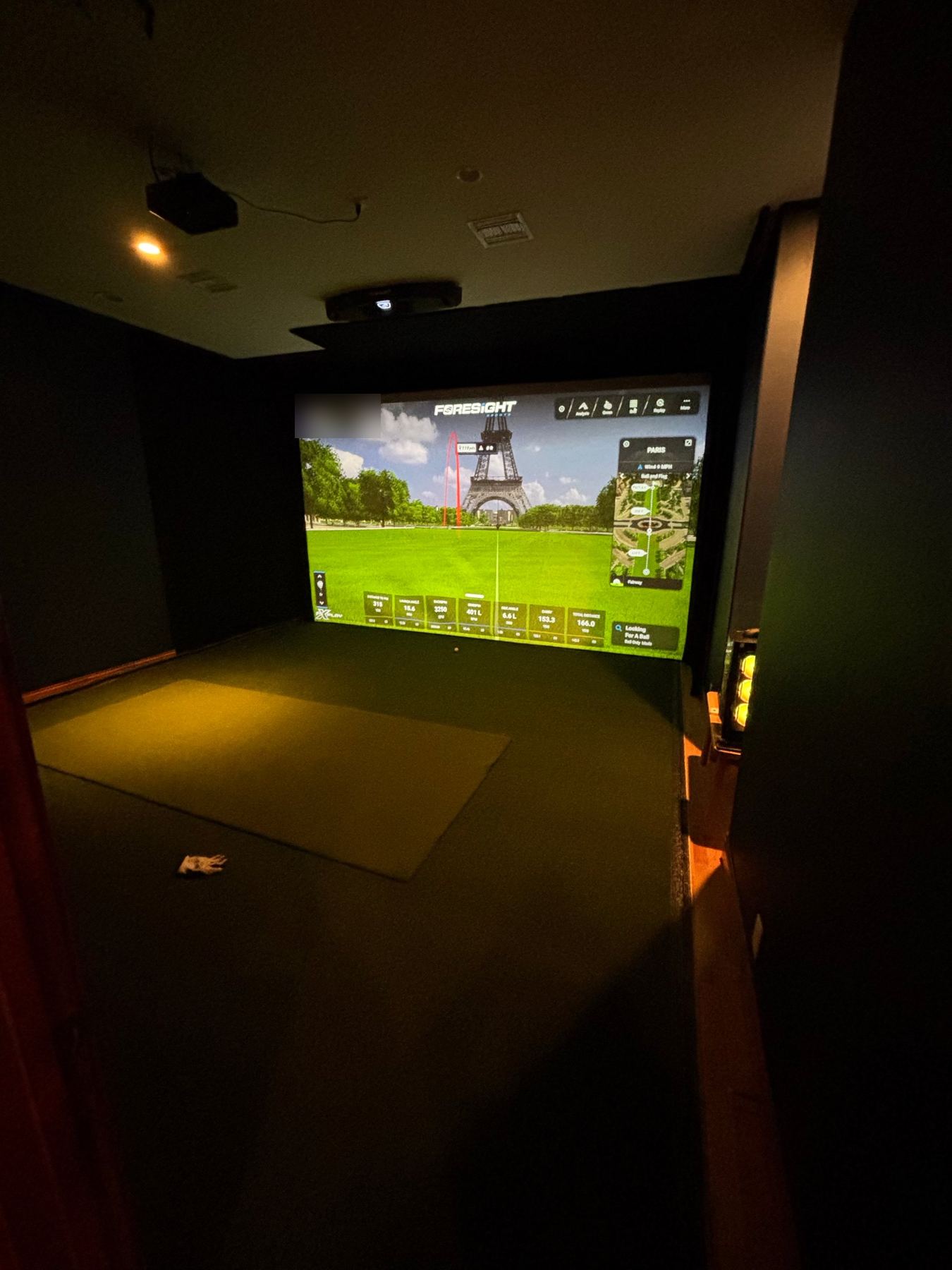 Built-in simulator in a dark-walled room with a ceiling projector.